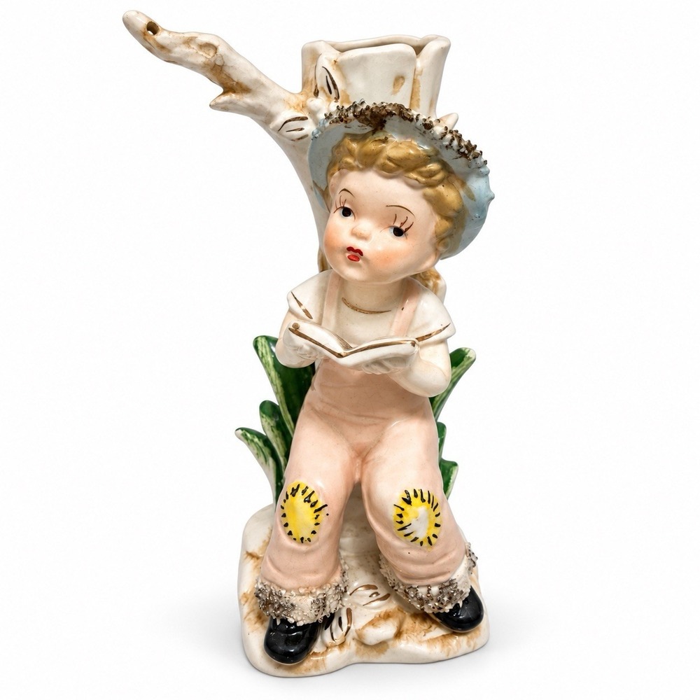 Vintage Japan Girl Reading Spill Vase Tree Stump Figurine Missing Flower Bell 8"